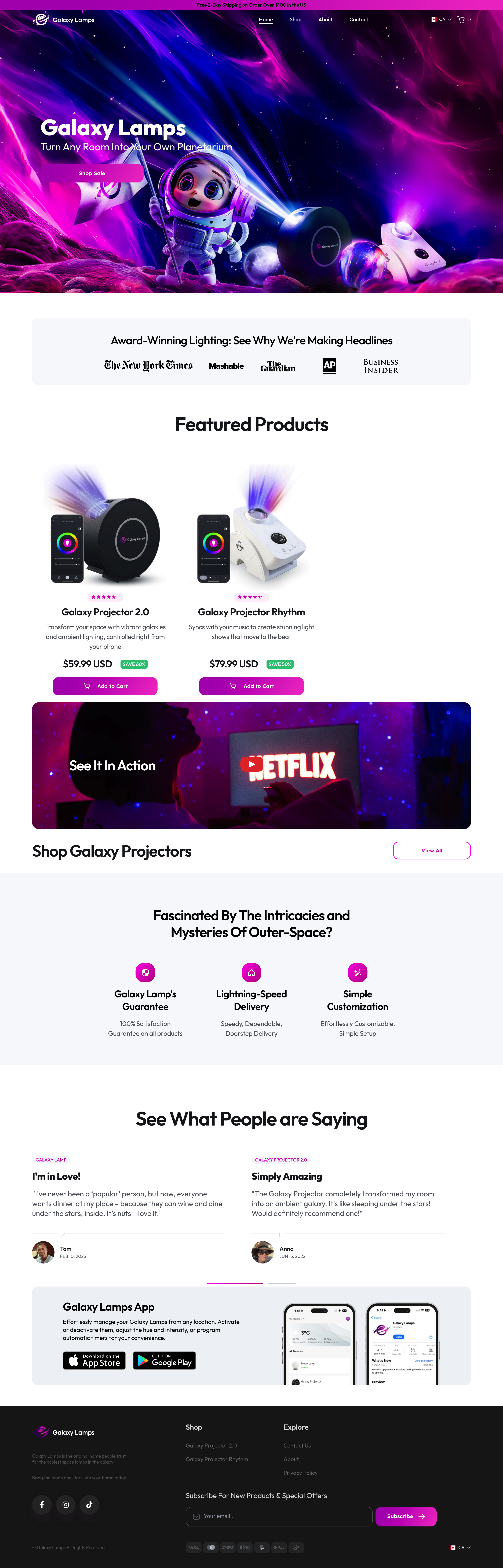 Galaxy Lamps dtc landing page screenshot
