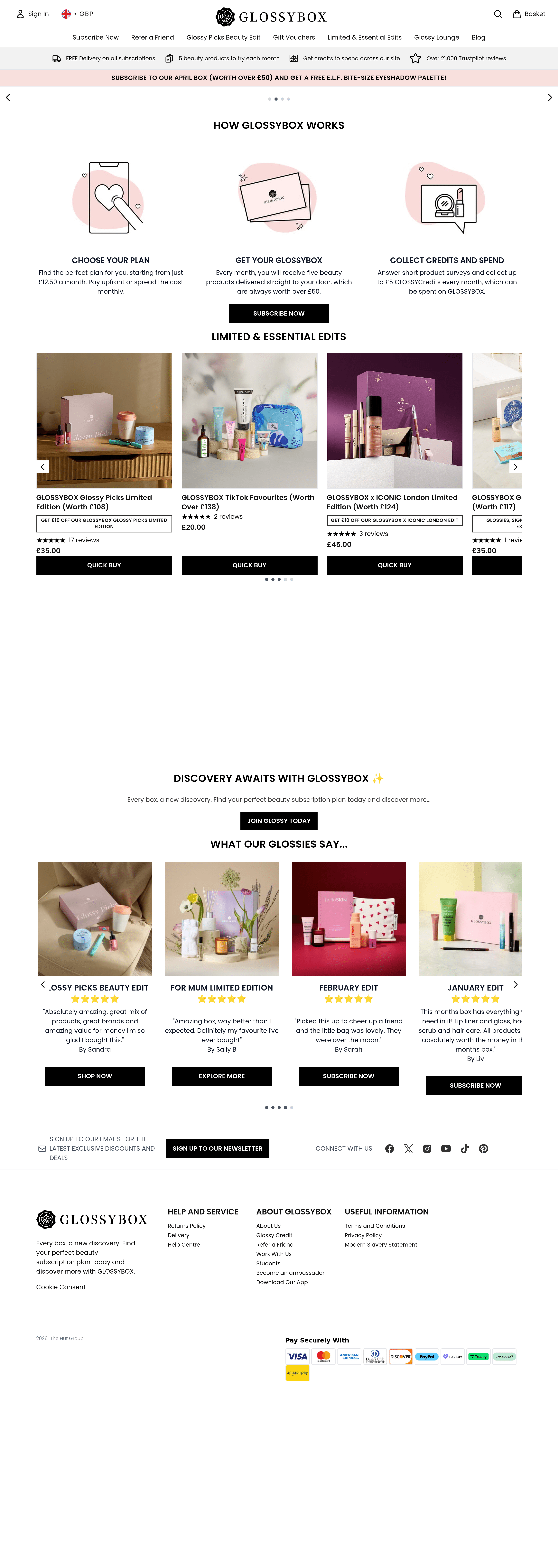 Glossy Box dtc landing page screenshot