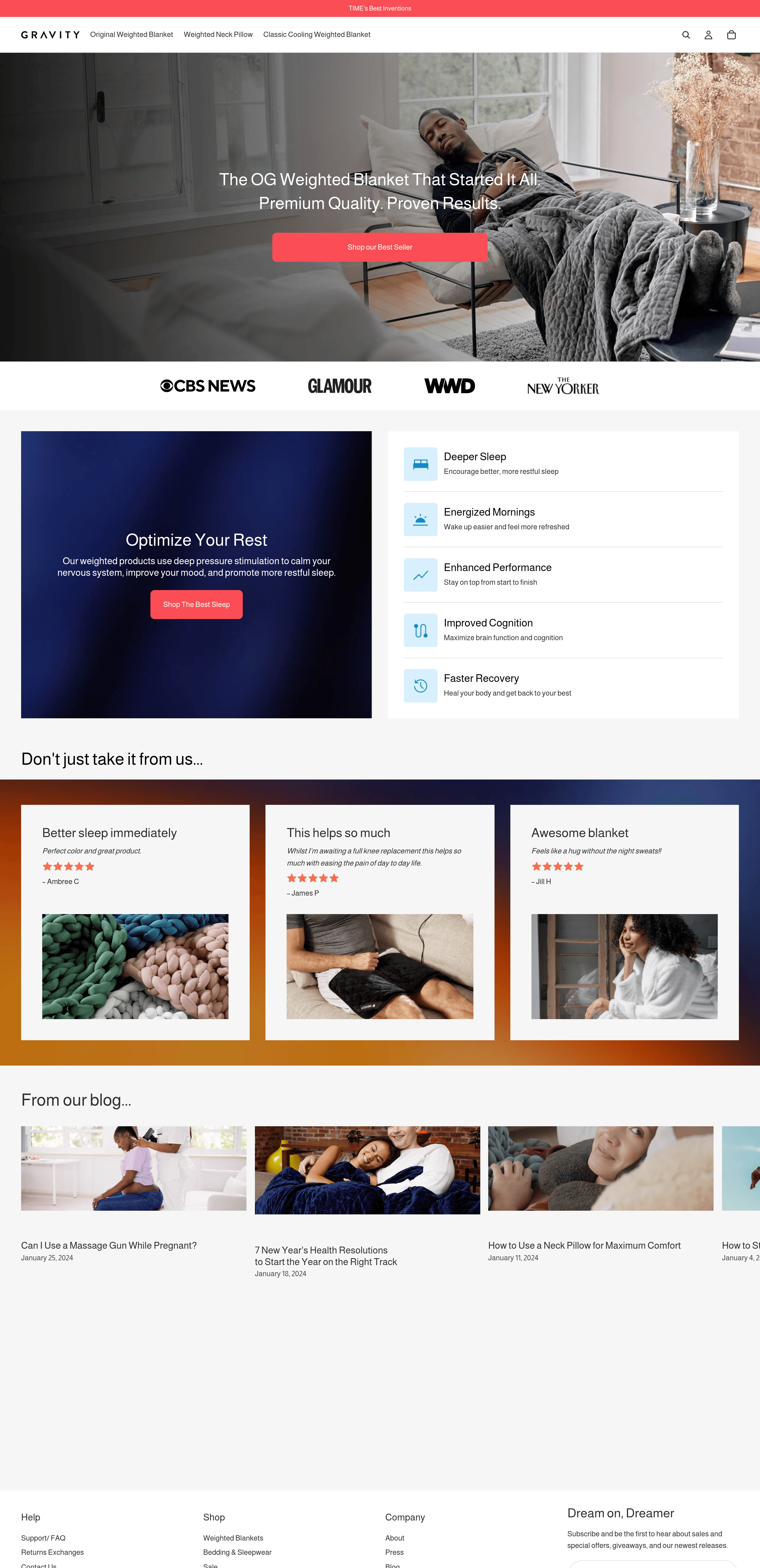 Gravity Blankets dtc landing page screenshot