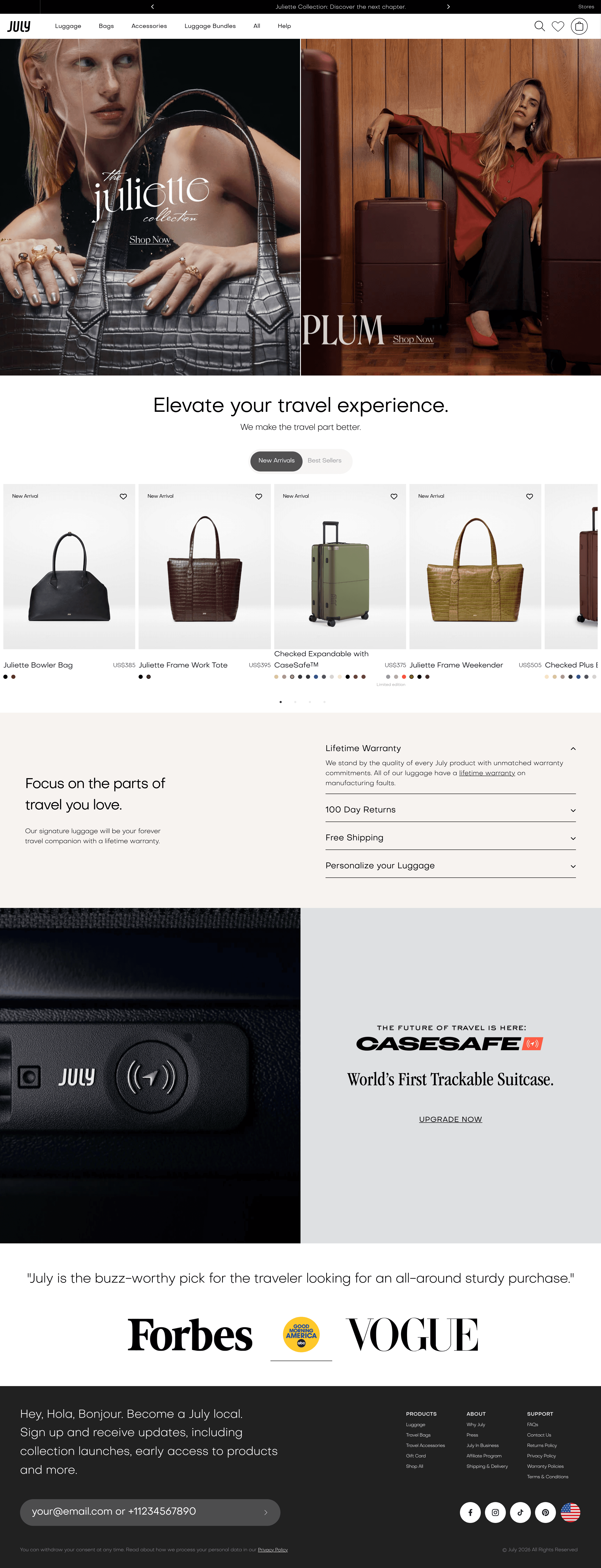 July Luggage dtc landing page screenshot