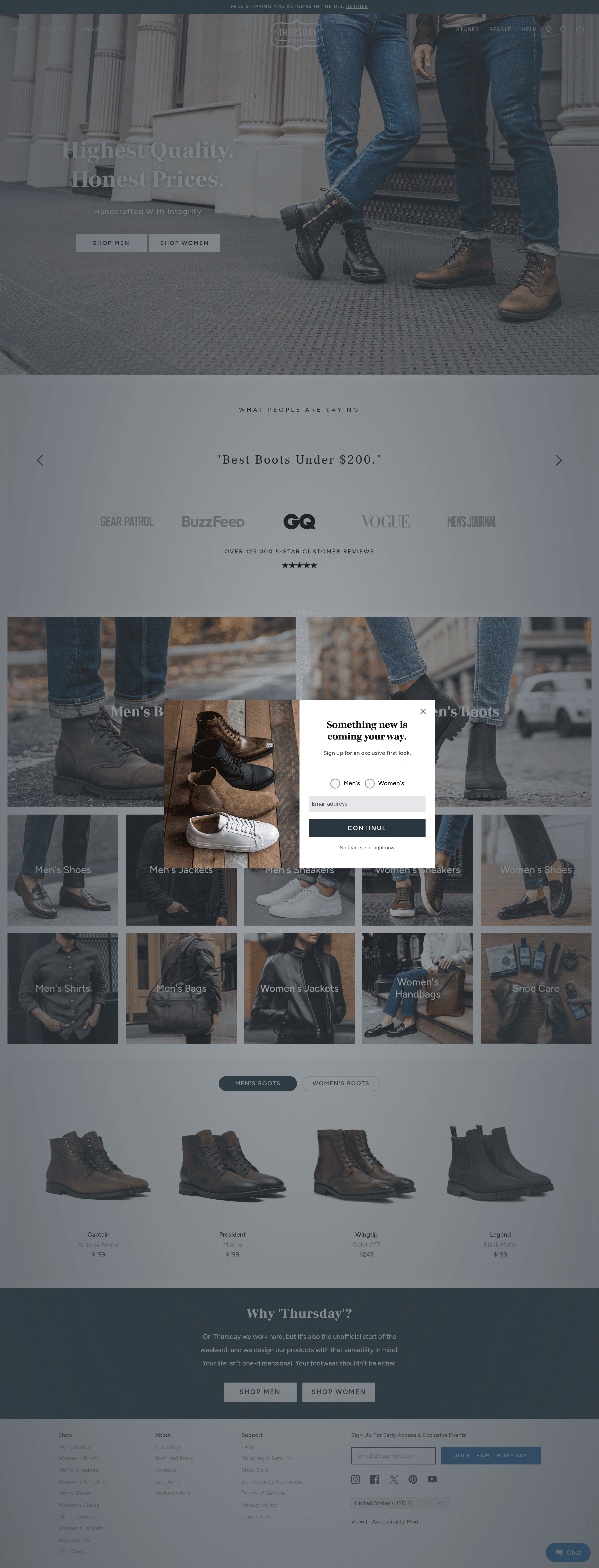 Thursday Boots dtc landing page screenshot